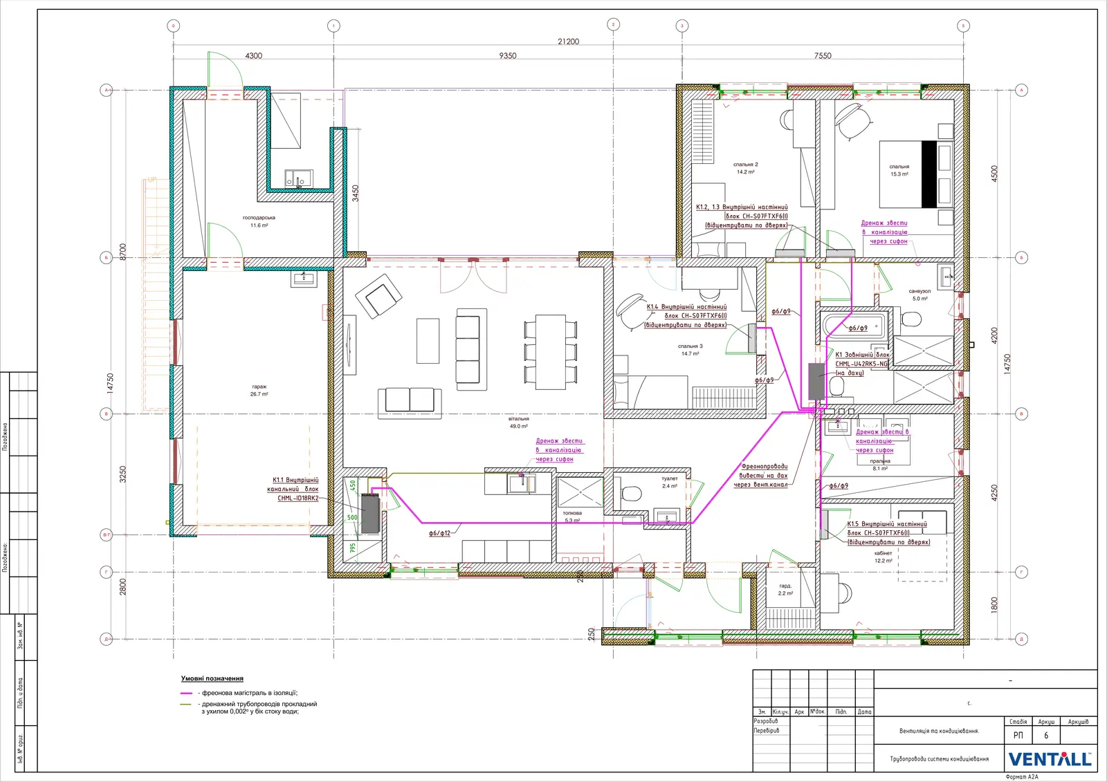 Трубопроводи кондиціювання (РП 6). План фреонових магістралей і дренажних ліній системи кондиціювання.