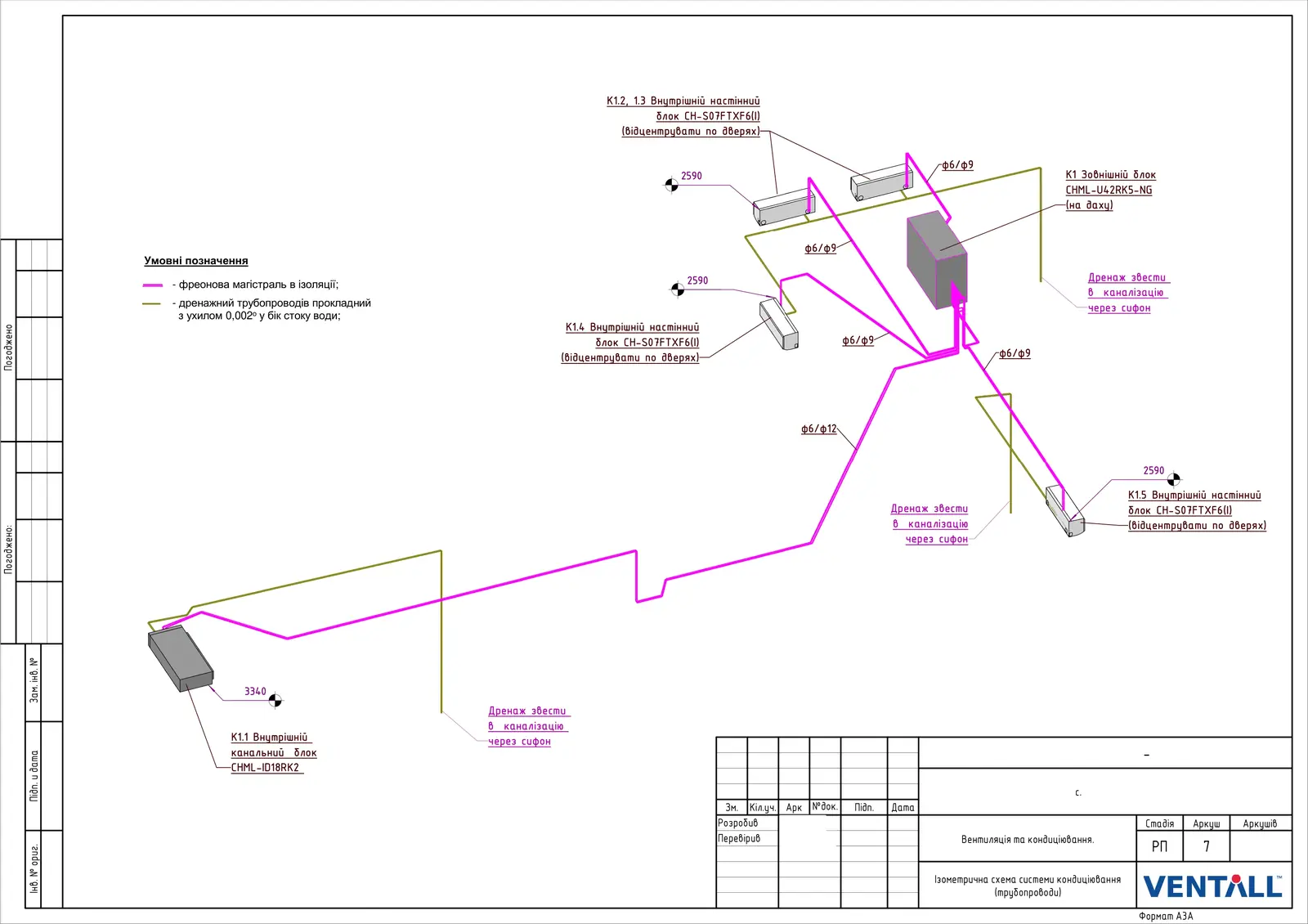 Ізометрія трубопроводів (РП 7). Ізометрична схема фреонової магістралі системи кондиціювання.